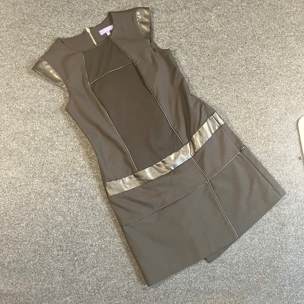 Vivienne Tam Black Faux Leather Trim Sleeveless Modern Sheath Dress Sz‎ 4